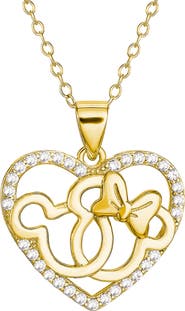 Disney Minnie and Mickey Mouse Necklace, Cubic Zirconia Interlocking Heart Pendant