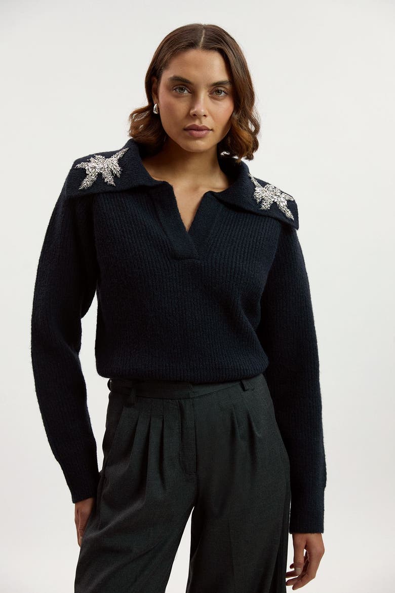 Embellished Collar V Neck Knit Sweater, Alternate, color, Navy