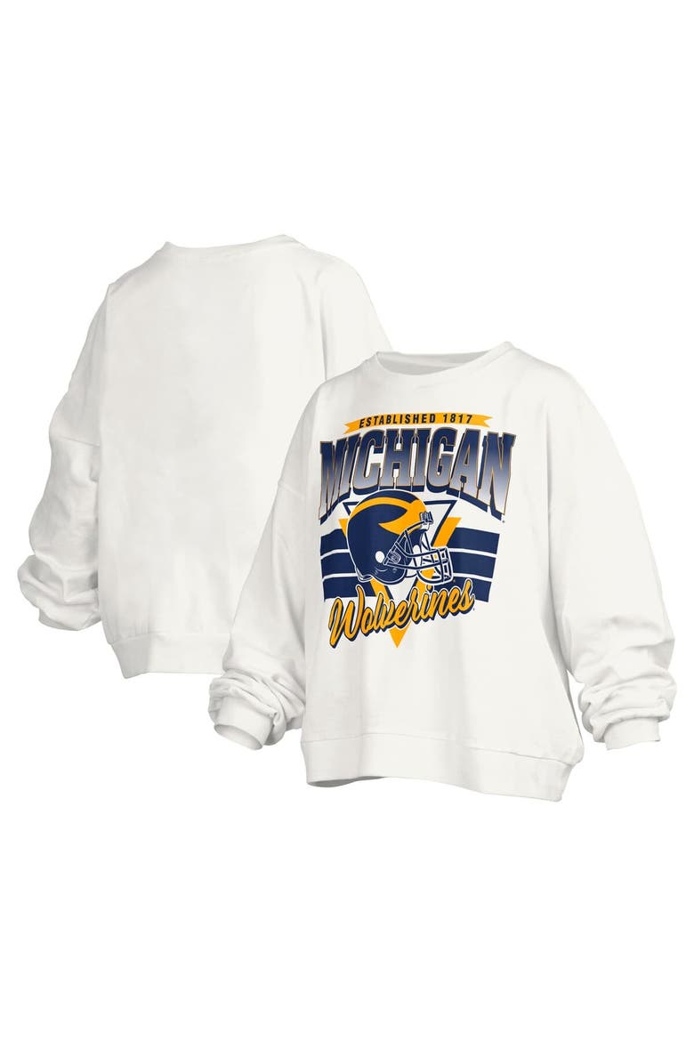 Women's Pressbox White Michigan Wolverines Janice Retro Logo Oversized Pullover Sweatshirt, Main, color, White