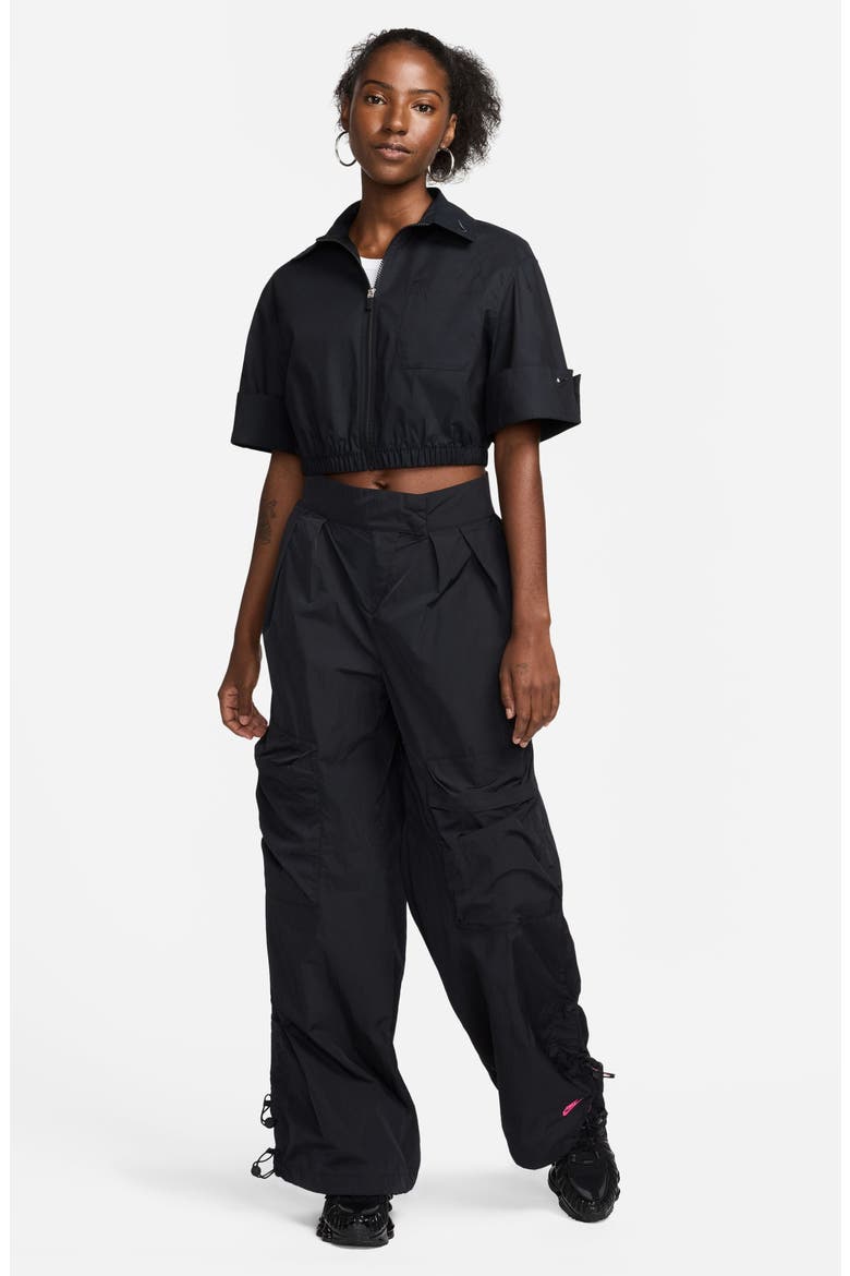 Zip-Up Poplin Crop Top, Alternate, color, BLACK/ ANTHRACITE