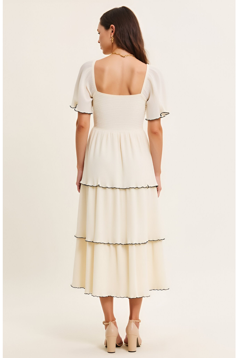 Tiered Pleated Midi Dress with Flutter Sleeves and Contrast Trim, Alternate, color, Ivory