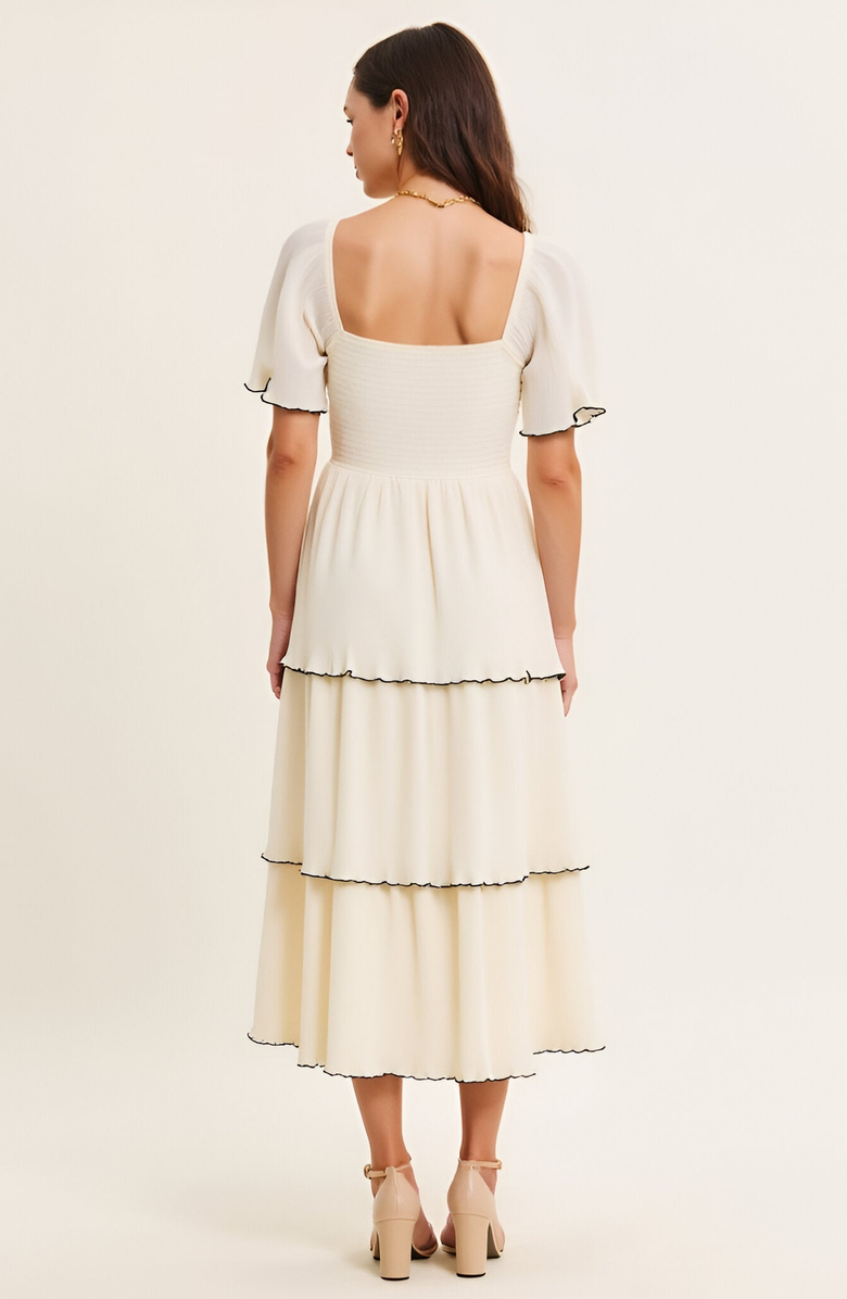 Modenaire Tiered Pleated Midi Dress with Flutter Sleeves and Contrast Trim, Alternate, color, Ivory
