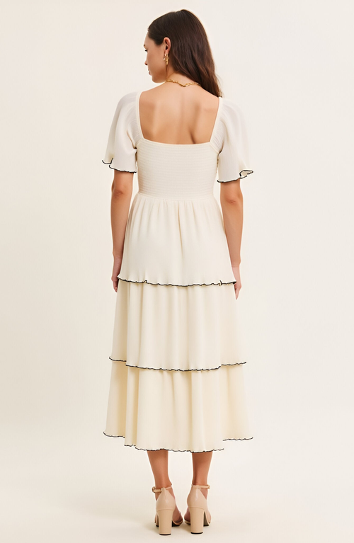 Modenaire Tiered Pleated Midi Dress With Flutter Sleeves And Contrast Trim In White