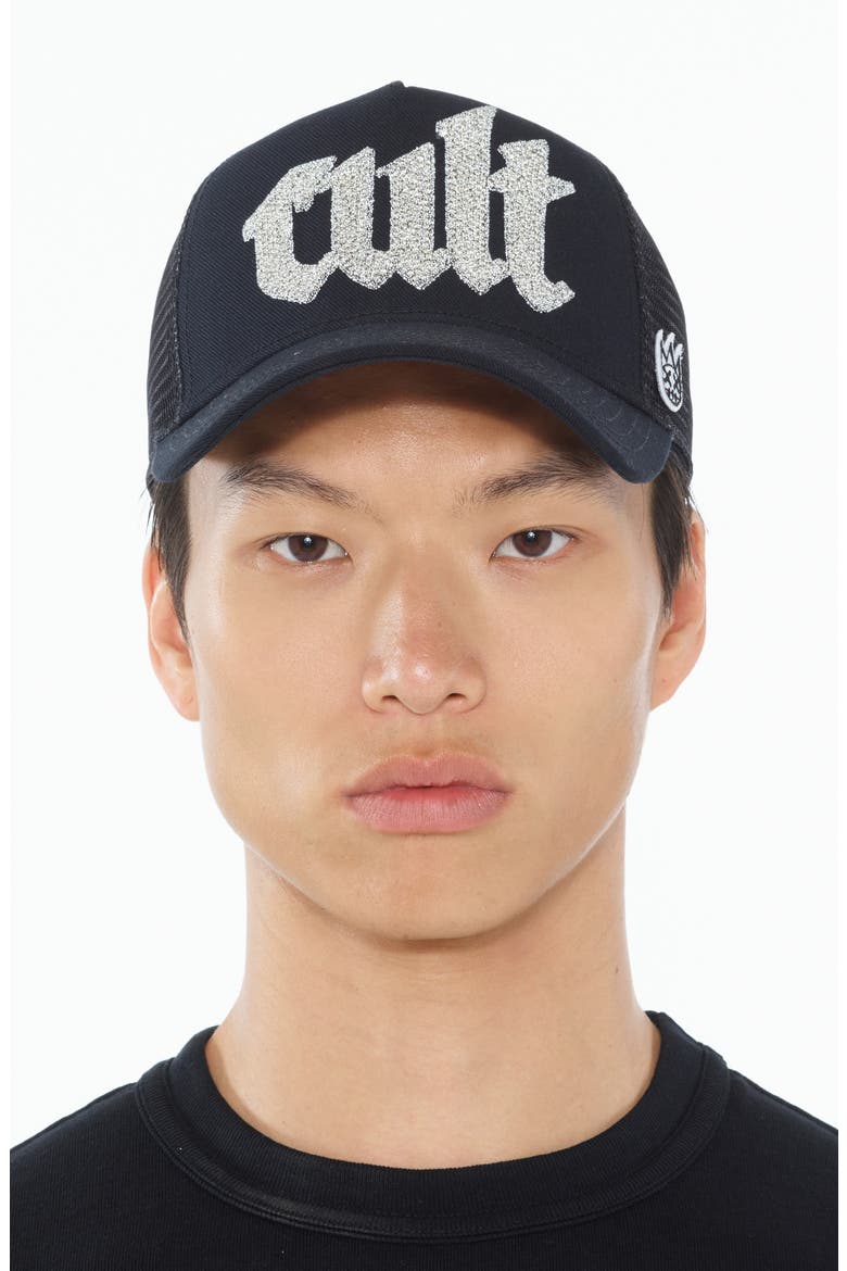 Crystal Logo Trucker Hat, Alternate, color, BLACK