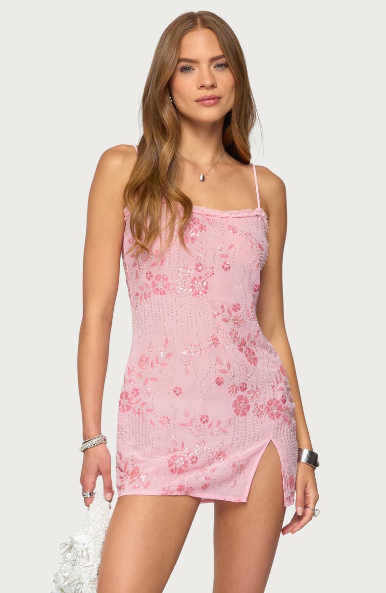 EDIKTED Romey Beaded Chiffon Minidress, Alternate, color, Pink