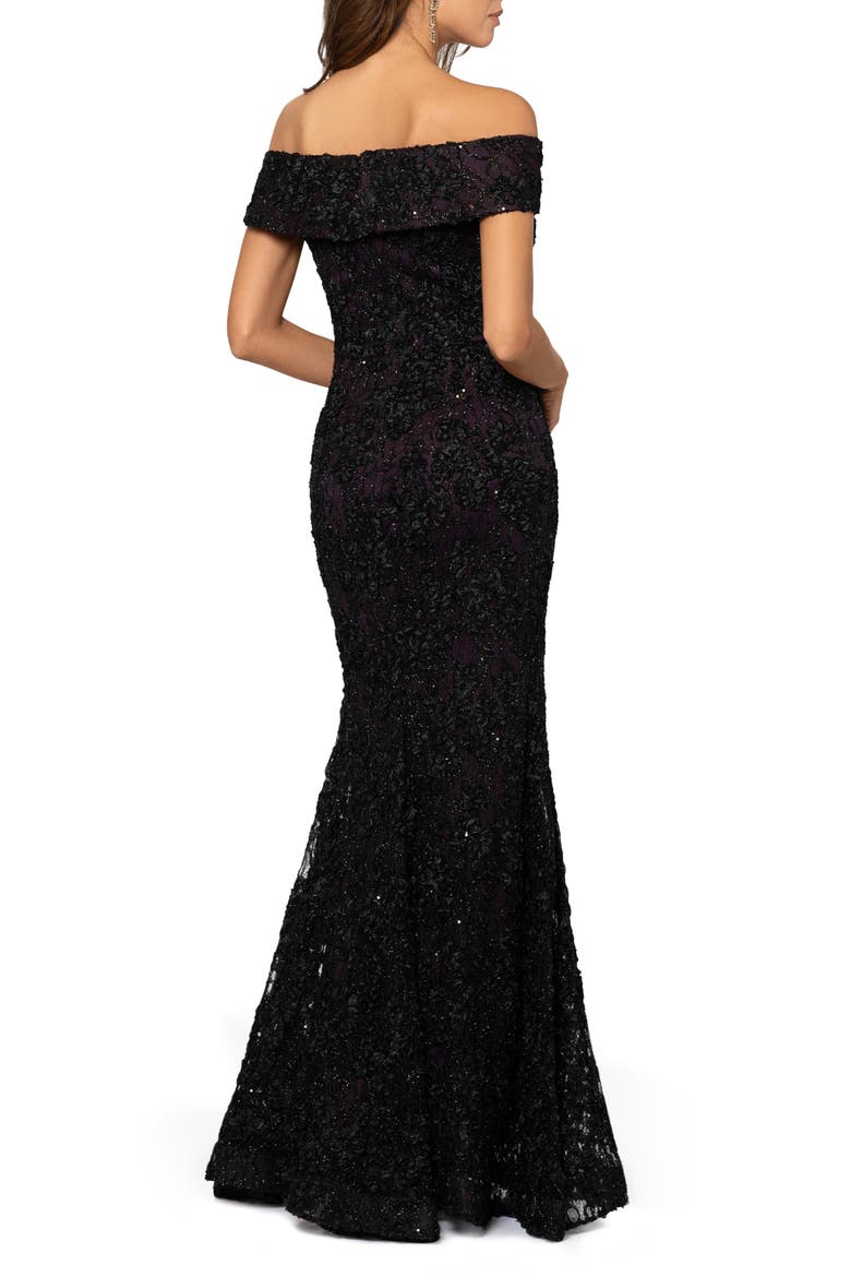 Off the Shoulder Sequin Lace Trumpet Gown, Alternate, color, BLACK/ PLUM