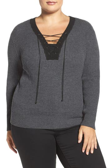 Tart Amity Merino Wool Lace-up Sweater In Gray