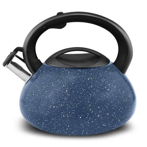 Stainless Steel Whistling Tea Kettle 2.4 Quart Fast Boil Marble Finish Heat‑Resistant Handle