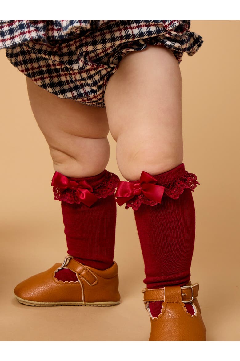 3-Pack Lace Ruffle Bow Knee High Socks, Alternate, color, Dark Navy/Ivory/Dark Cherry