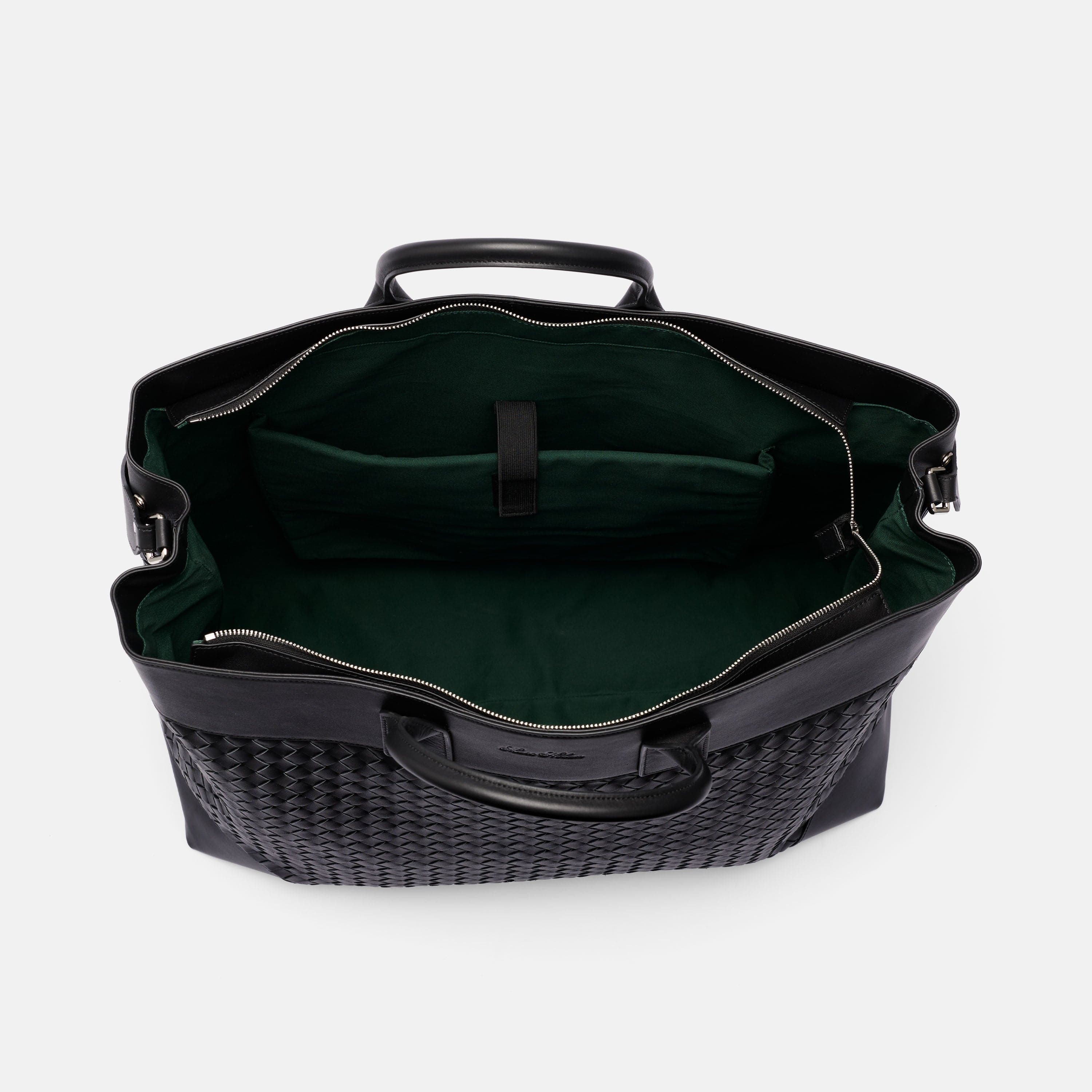 Large Woven Calfskin Leather Weekender, Alternate, color, Black