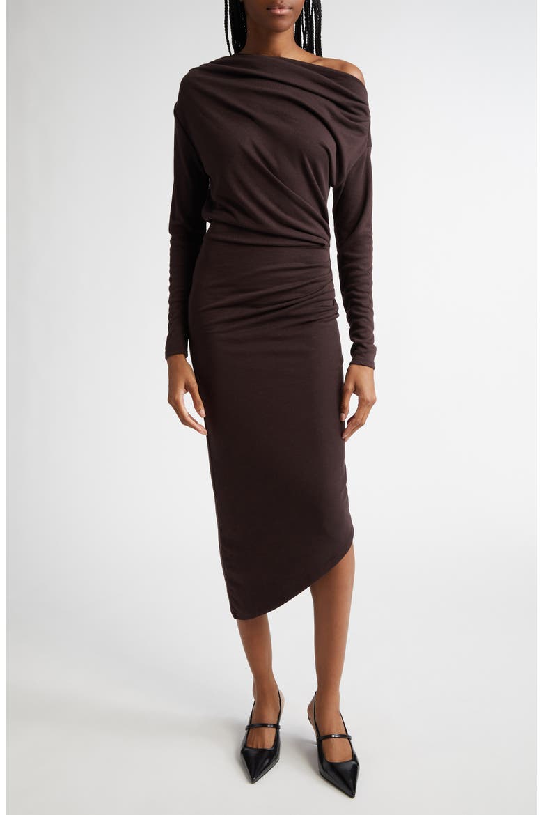 Fleur One-Shoulder Long Sleeve Asymmetric Dress, Main, color, BROWN