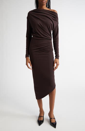 Shop Reiss Fleur One-shoulder Long Sleeve Asymmetric Dress In Brown