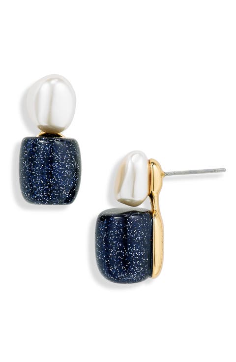 Freshwater Pearl & Agate Double Stud Drop Earrings