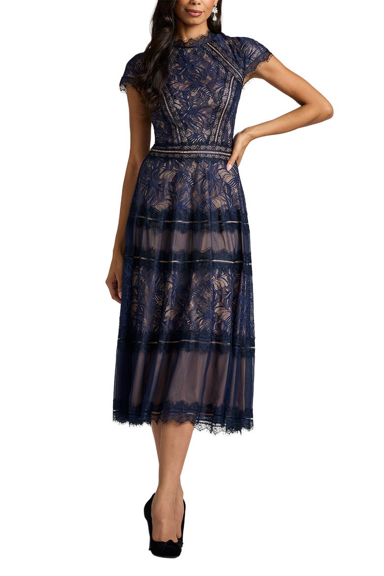 Lace Fit & Flare Cocktail Midi Dress, Alternate, color, ROYAL NAVY/ NUDE