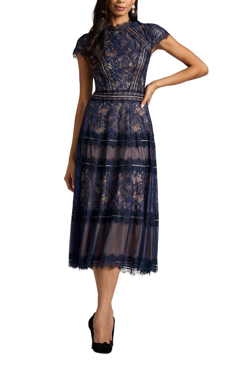 Tadashi Shoji Lace Fit & Flare Cocktail Midi Dress, Alternate, color, Royal Navy/ Nude