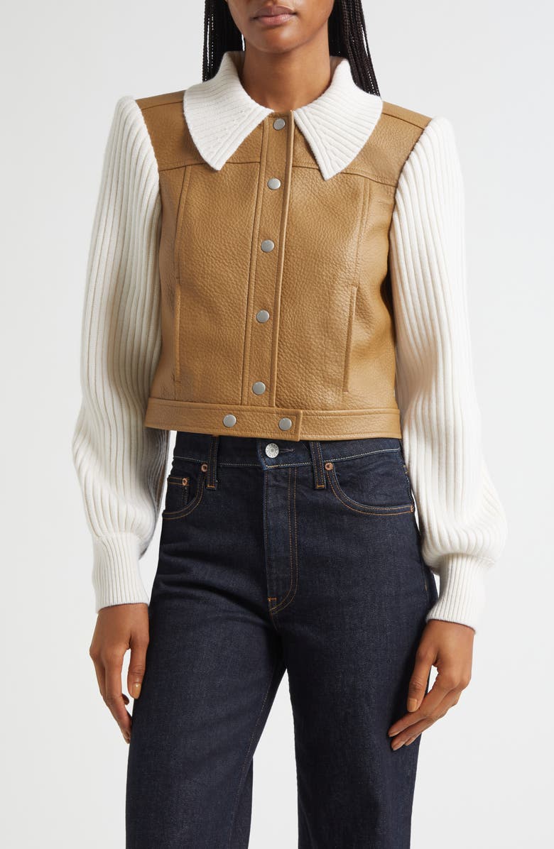 Cinq à Sept Ciara Knit Contrast Faux Leather Jacket, Main, color, Gold Maplewood/Ivory