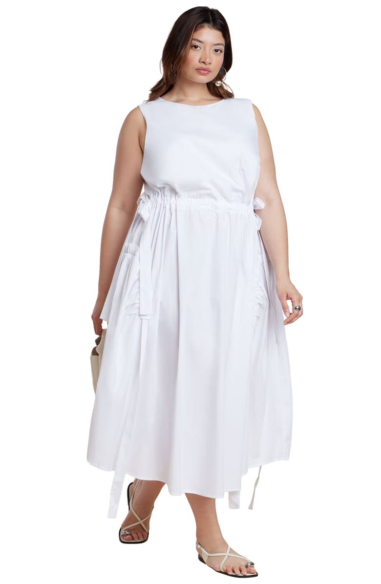ELOQUII Cinch Waist Poplin Midi Dress, Main, color, Bright White