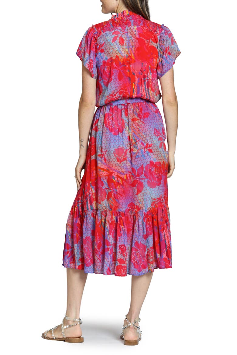 Print Short Sleeve Midi Dress, Alternate, color, PURPLE MULTI