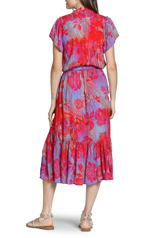 Apny Print Short Sleeve Midi Dress In Purple Multi