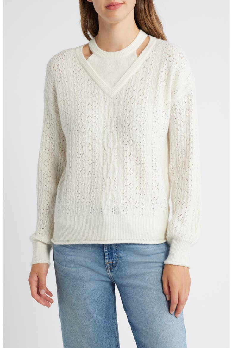 V-Neck Sweater with Bib, Main, color, OFF WHITE