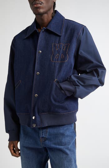 Wales Bonner Echo Mixed Meda Denim Varsity Jacket | Nordstrom