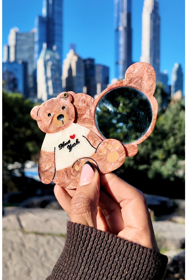 Hand Painted New York Teddy Bear Compact Mirror, Alternate, color, BROWN