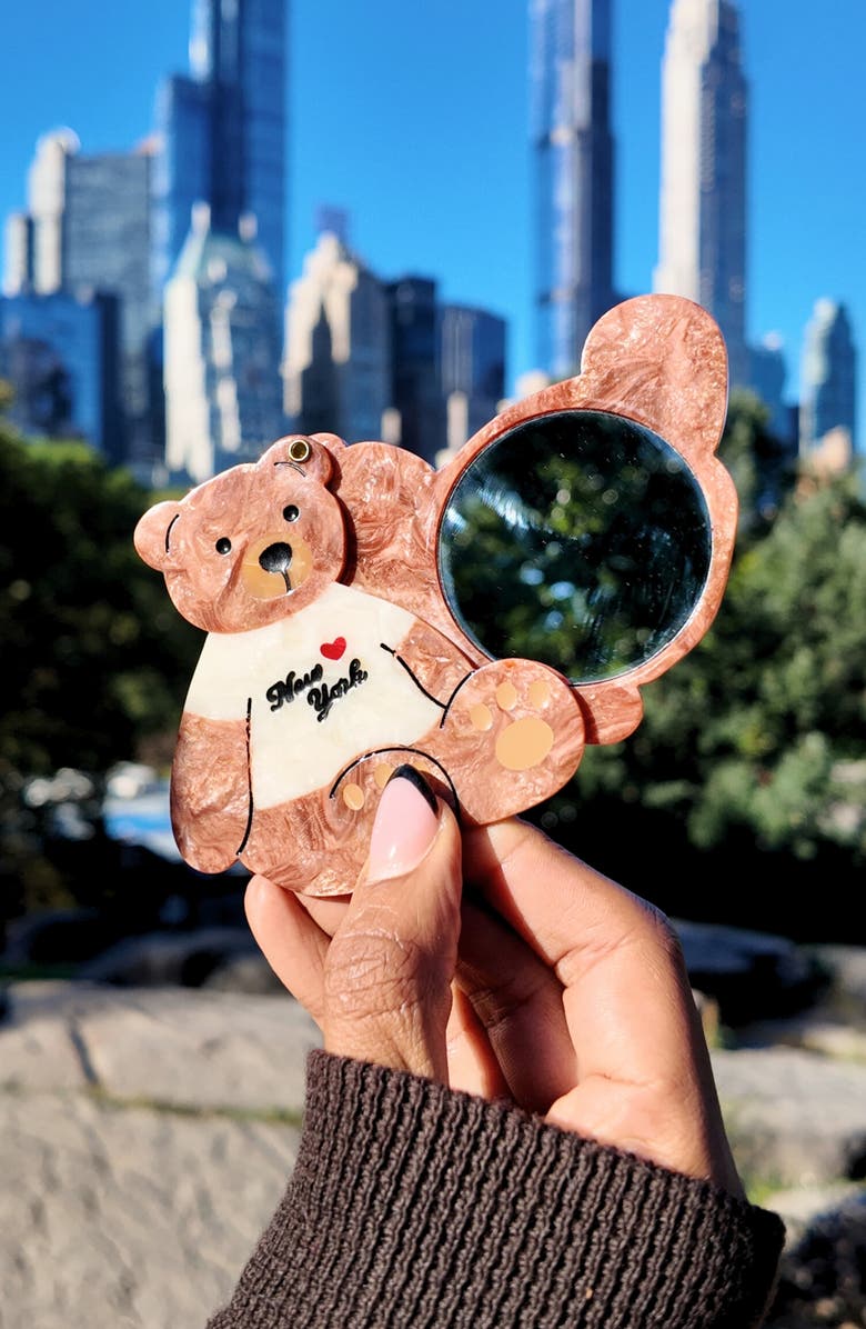 Solar Eclipse Hand Painted New York Teddy Bear Compact Mirror, Alternate, color, Brown