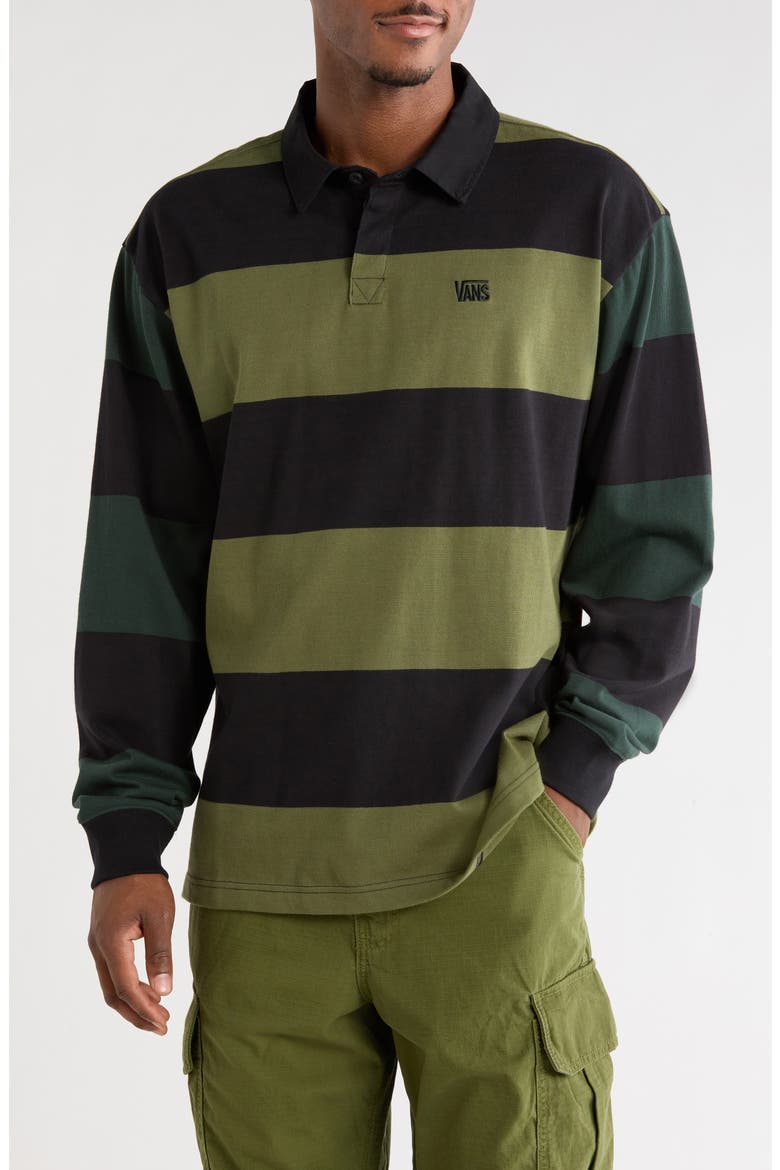 Two-Tone Ward Stripe Long Sleeve Rugby Polo, Main, color, BLACK-GREEN BALSAM