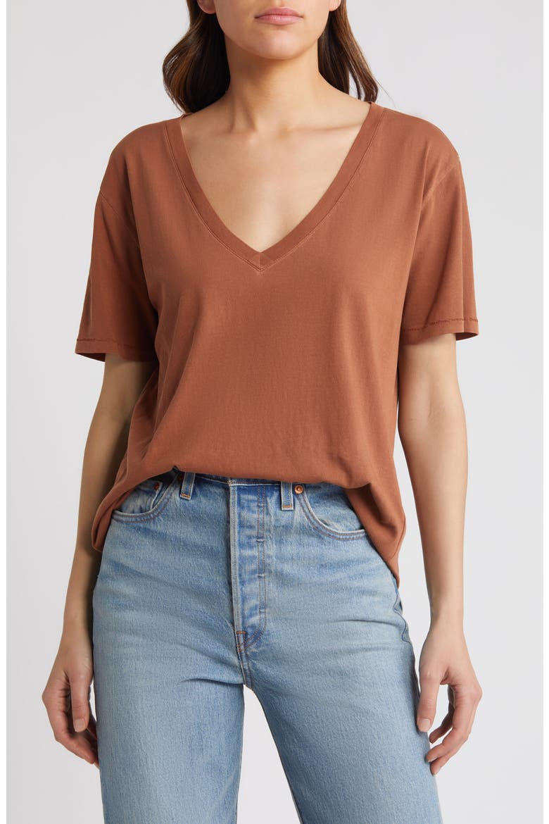 Oversize V-Neck Cotton T-Shirt, Main, color, RUST SEQUOIA