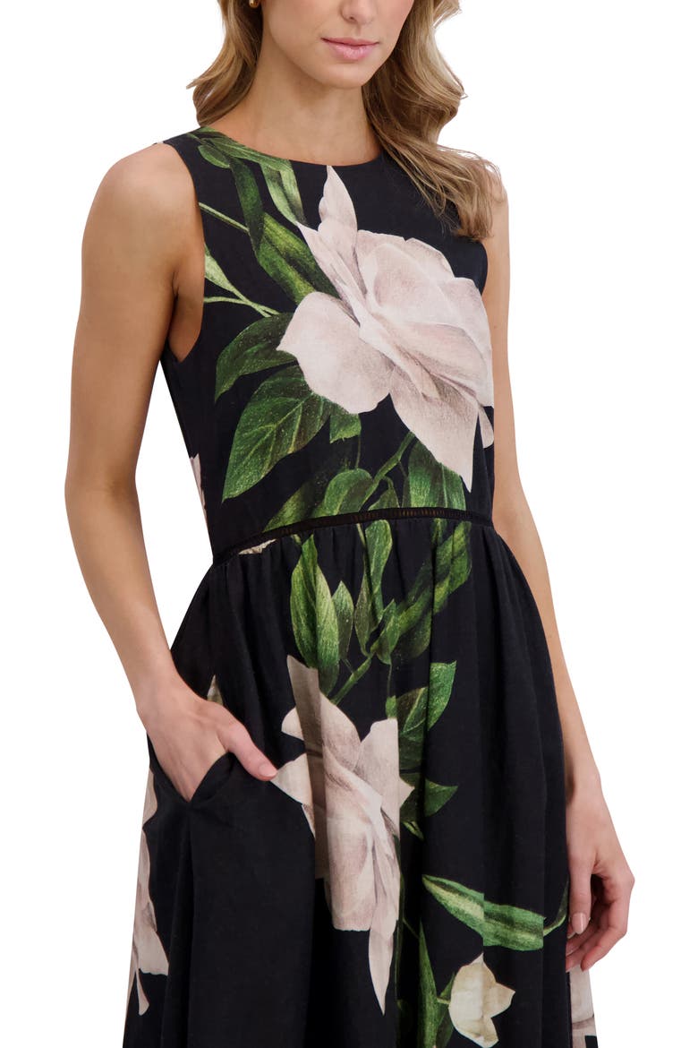 Floral Sleeveless Linen Fit & Flare Dress, Alternate, color, RICH BLACK