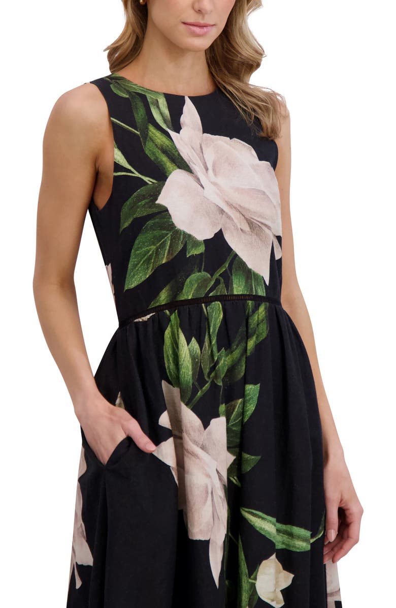 Ted Baker Floral Sleeveless Linen Fit & Flare Dress, Alternate, color, Rich Black