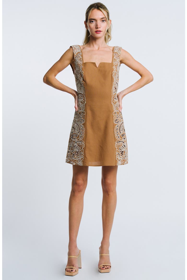 Eviana Embroidered Detail Cotton Minidress, Alternate, color, BROWN/ CREAM