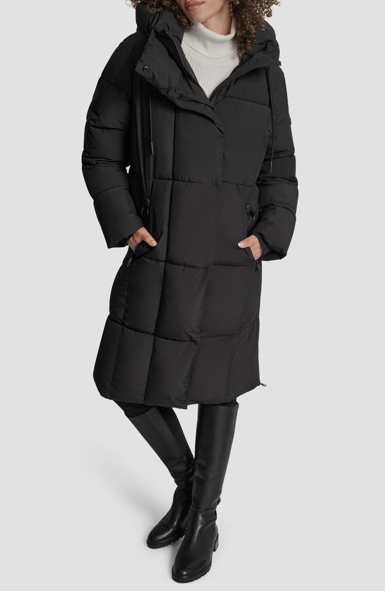 DKNY Box Quilted Longline Puffer Coat, Main, color, Black