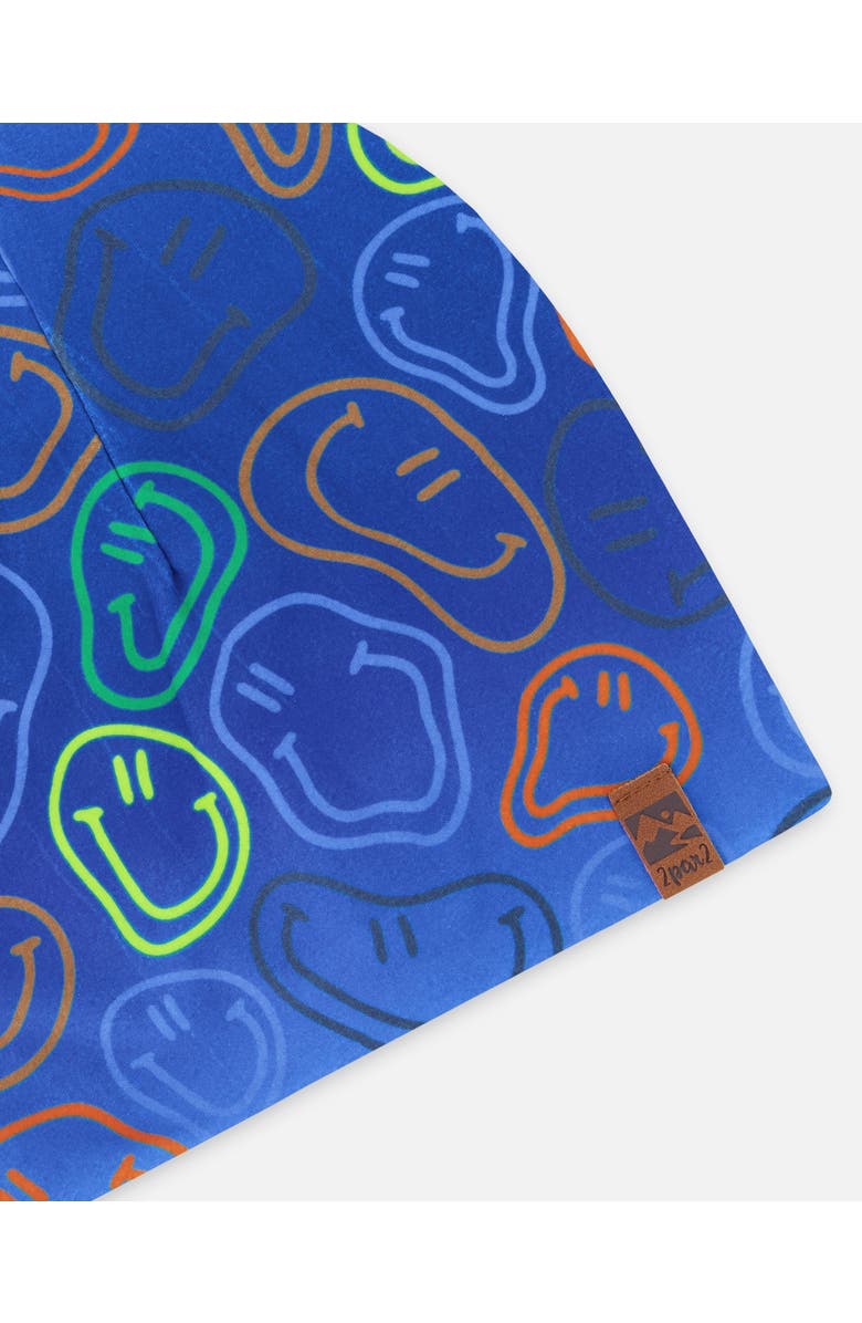 Deux par Deux Stretch Jersey Smileys Beanie, Alternate, color, Blue Printed Smileys