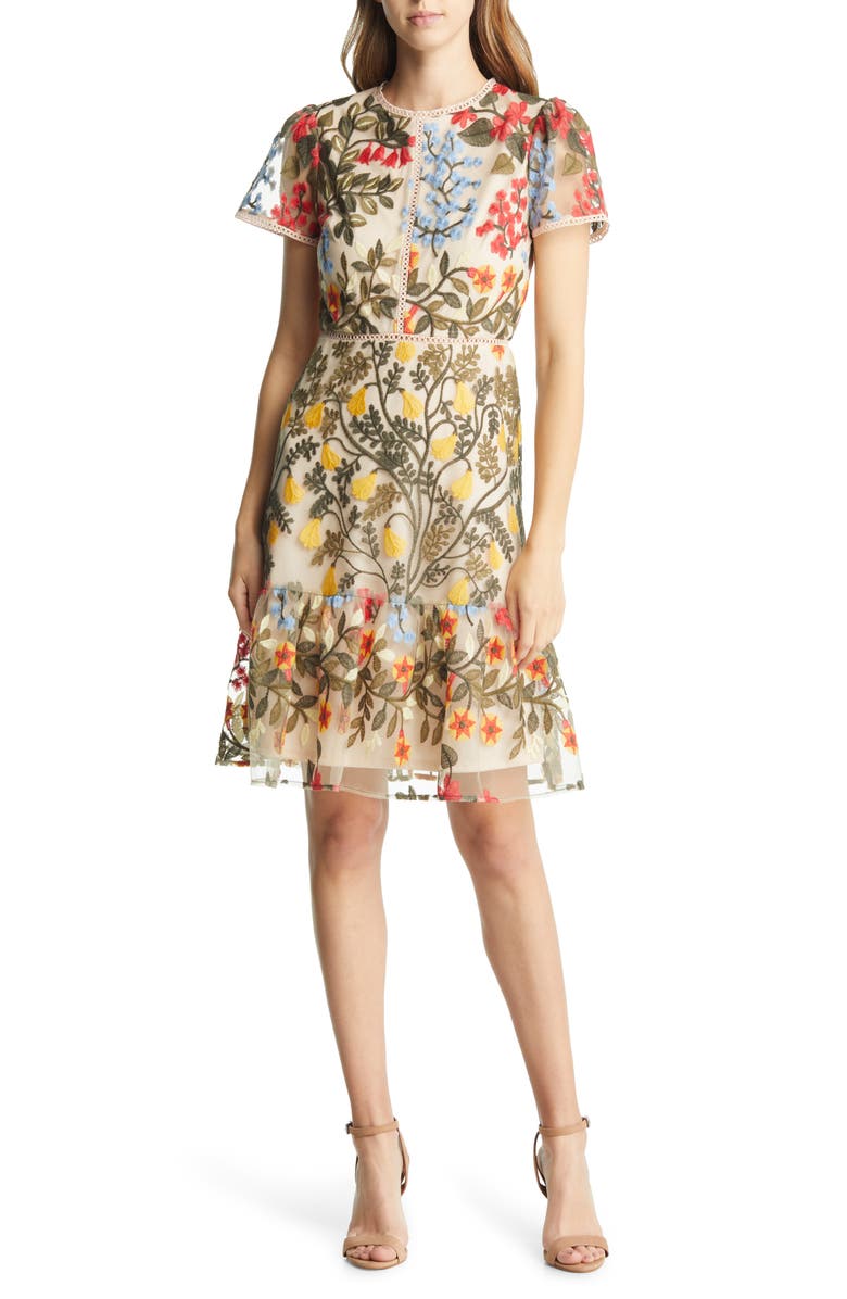 Tahari ASL Embroidery & Crochet A-Line Dress, Main, color, 