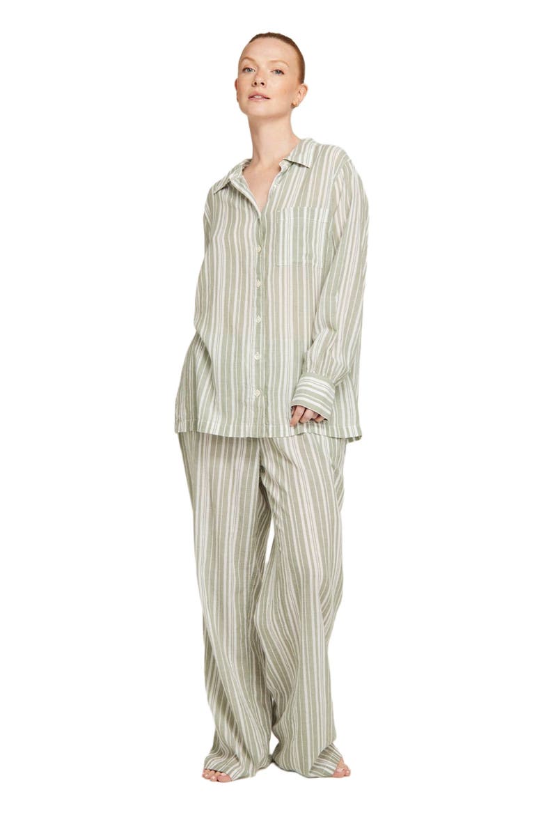 The Relaxed Button Up Midi Shirt, Main, color, Sage Stripe