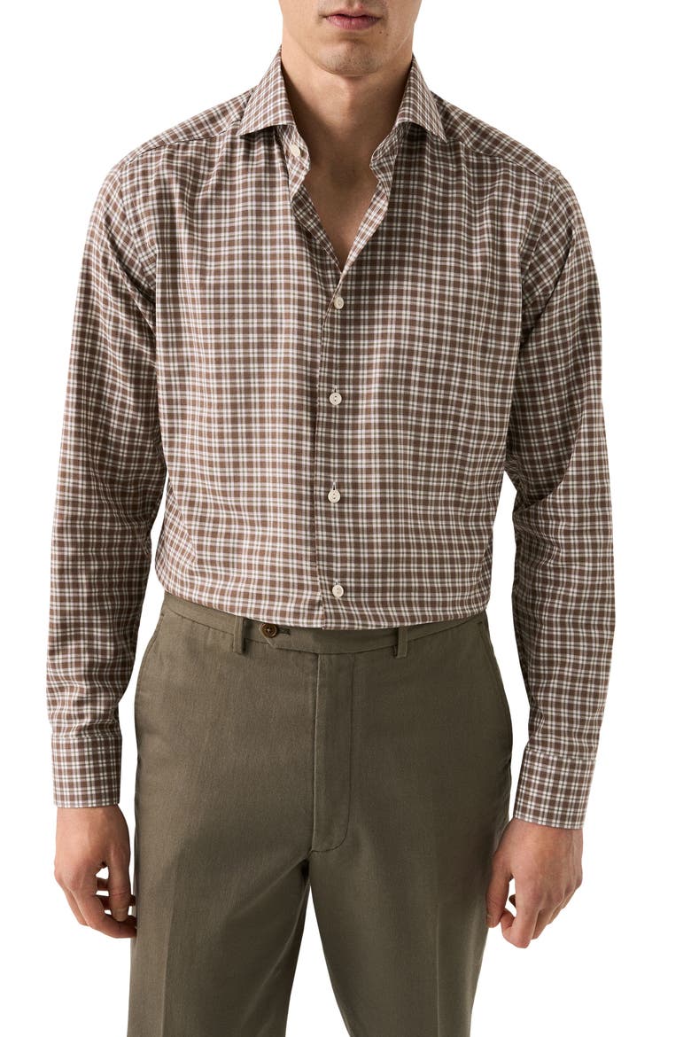 Slim Fit Brown Check Cotton Flannel Dress Shirt, Main, color, MEDIUM BROWN