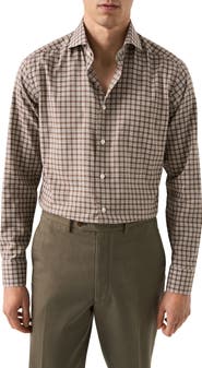 Eton Slim Fit Brown Check Cotton Flannel Dress Shirt