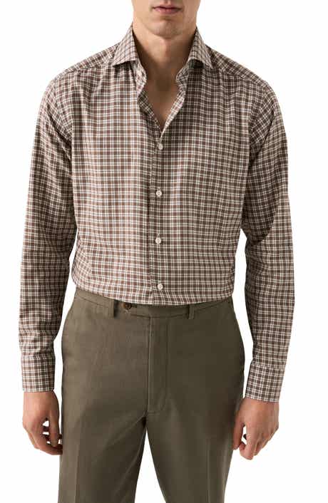 Eton Slim Fit Brown Check Cotton Flannel Dress Shirt