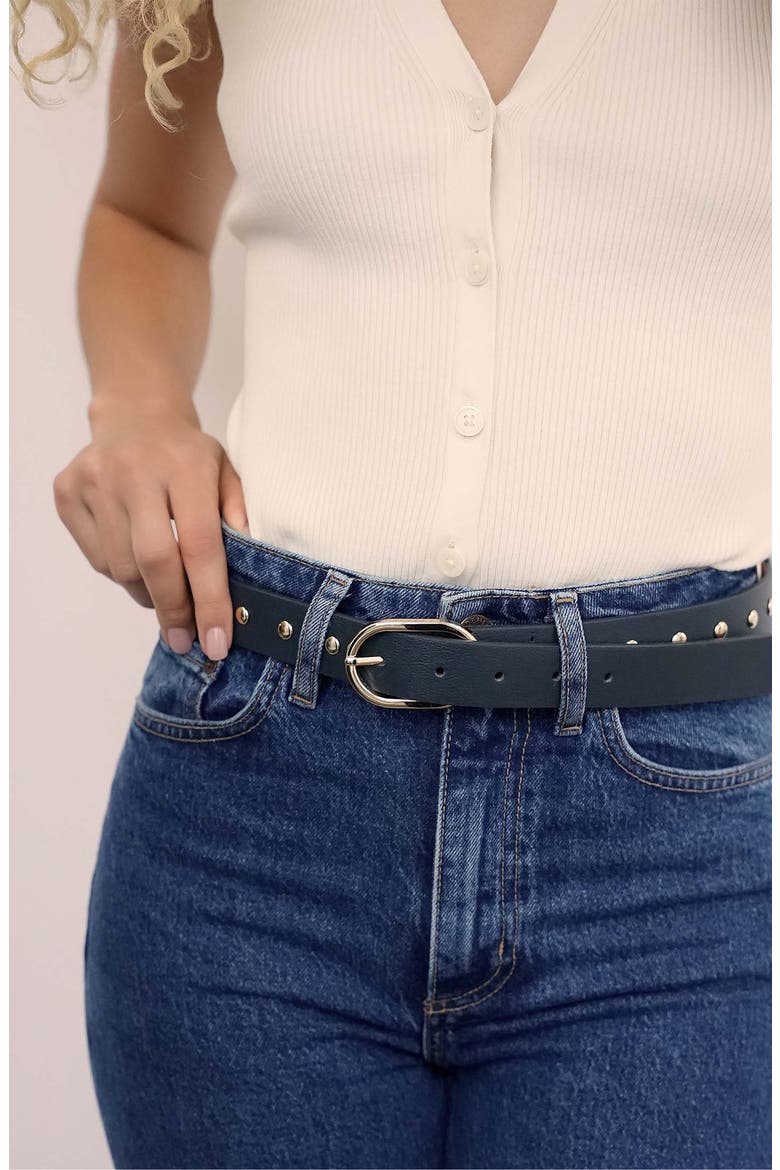 Stud Leather Belt, Alternate, color, DENIM
