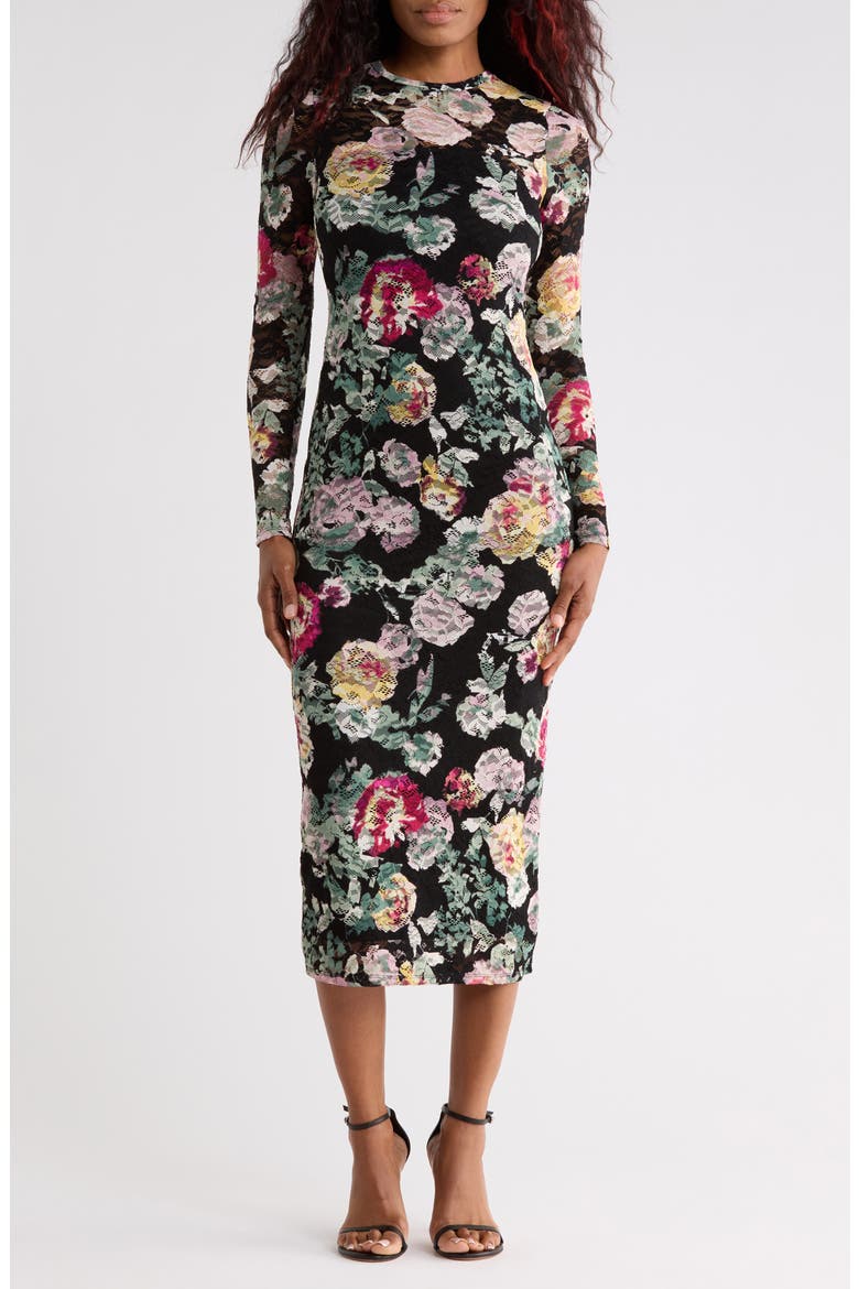 Brandi Lace Long Sleeve Midi Dress, Main, color, NOIR PAINTERLY ROSES