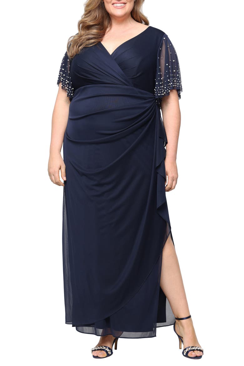Rhinestone Sleeve Chiffon Gown, Main, color, NAVY