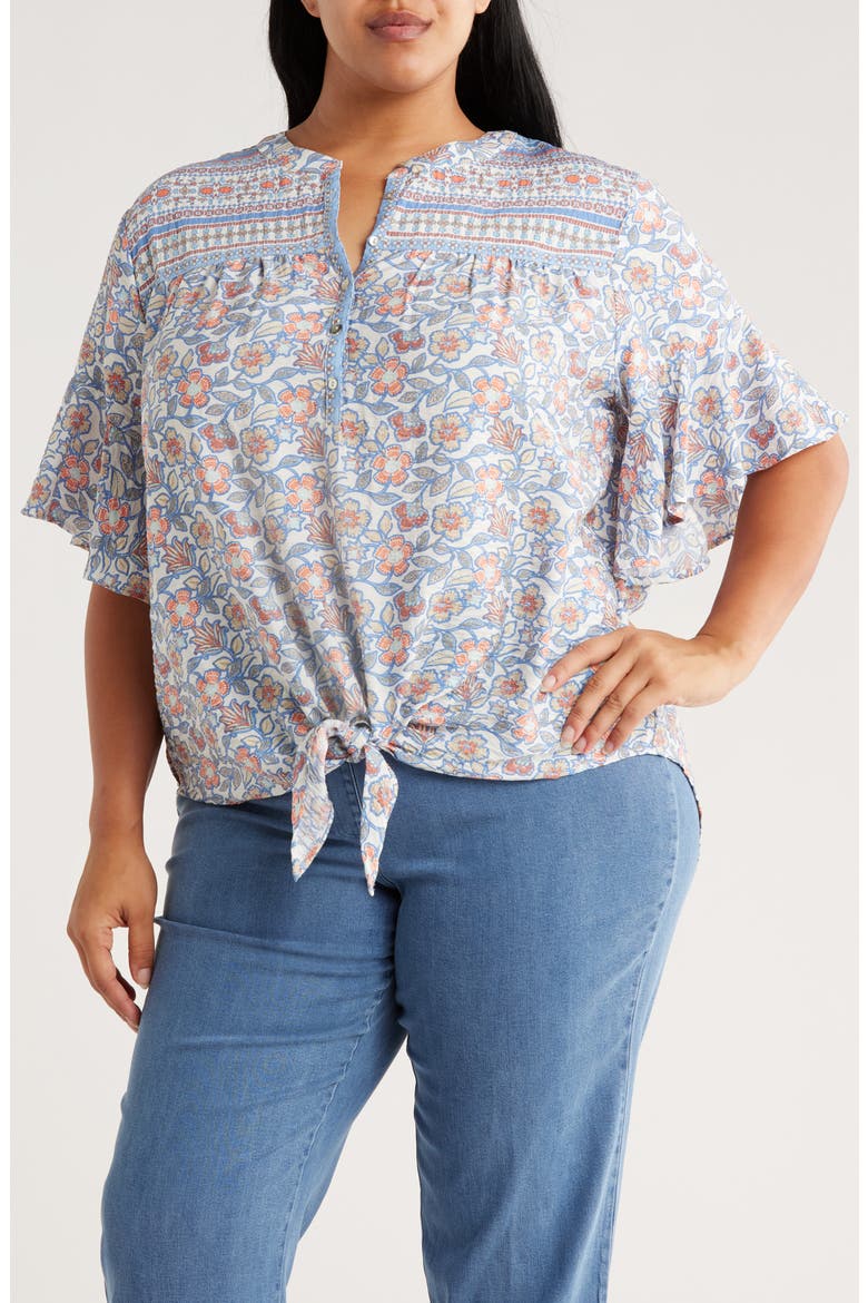 Novelty Tie Front Button-Up Shirt, Main, color, BLUE SKY MULTI