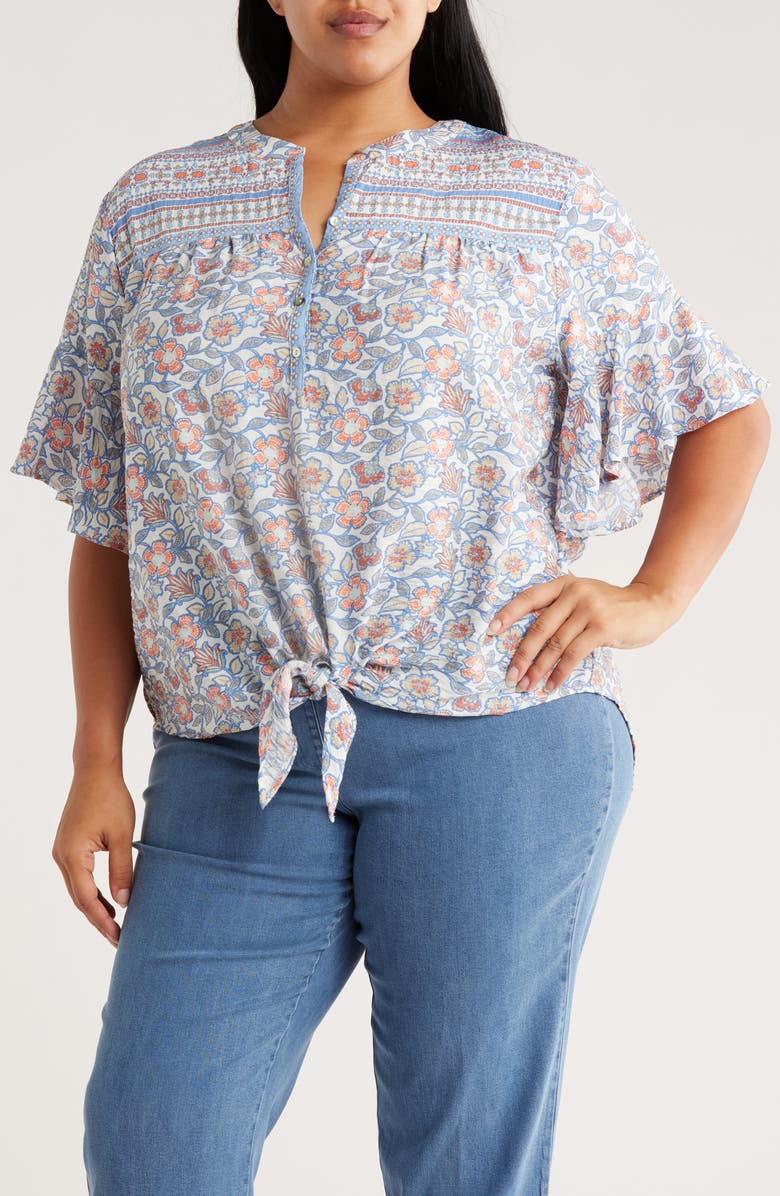 RUBY RD Novelty Tie Front Button-Up Shirt, Main, color, Blue Sky Multi