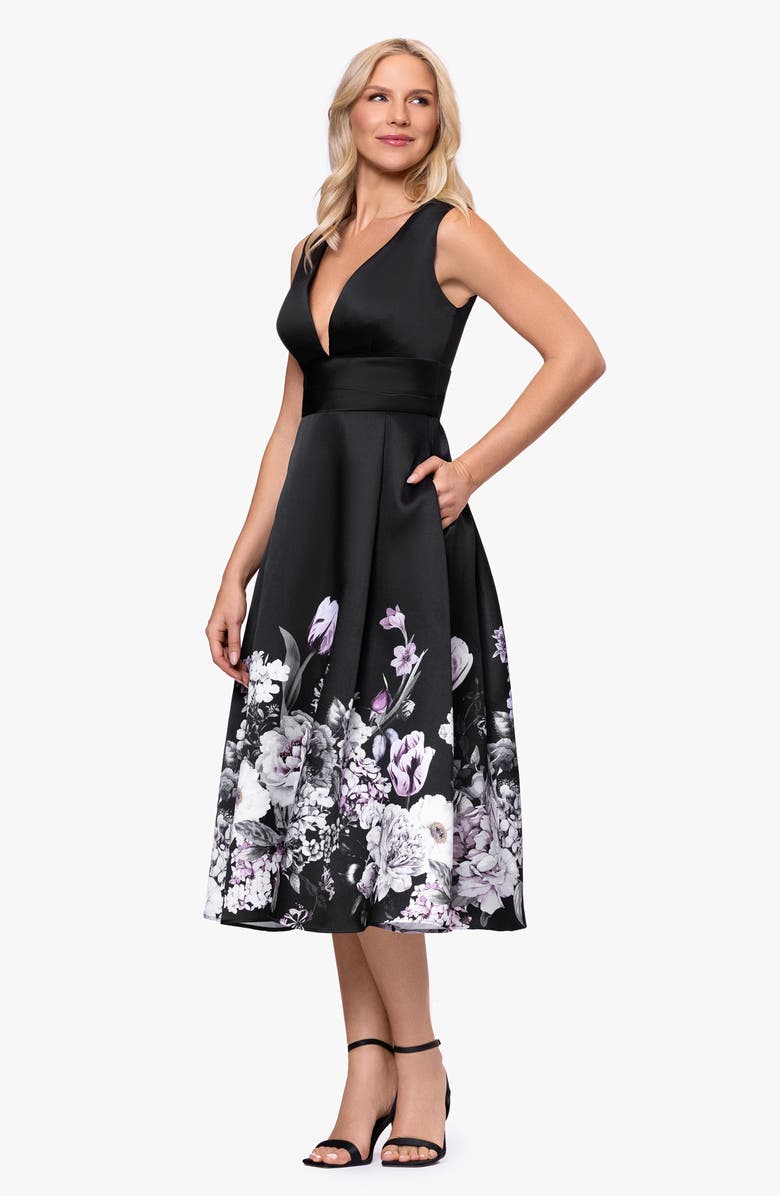 Betsy & Adam Floral Border Plunge Neck Cocktail Midi Dress, Alternate, color, Black/ Charcoal