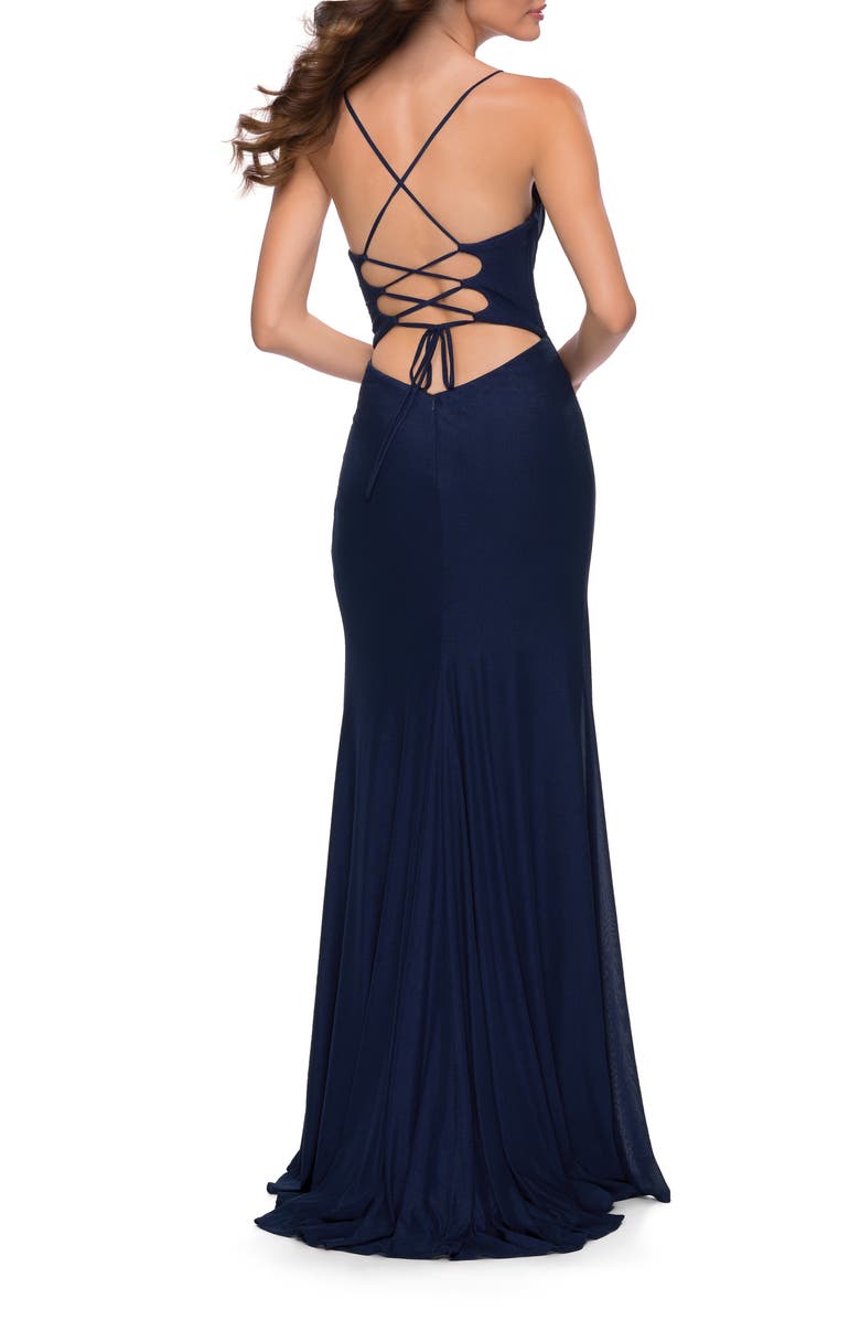 La Femme Net Jersey Prom Dress with Ruching Across Front, Alternate, color, Navy