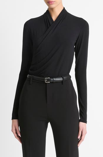 売れ筋商品|||ヴィンスカムート カットソー トップス レディース Women's Faux-Wrap Long-Sleeve Top Rich Black Vince Womens Long Sleeve Fixed Wrap Top, Black, Xx-Small at