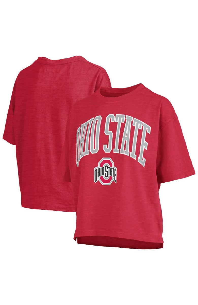 PRESSBOX Women's Pressbox Scarlet Ohio State Buckeyes Nelson Arch Over Logo Waist Length Oversized Slub T-Shirt, Alternate, color, Scarlet