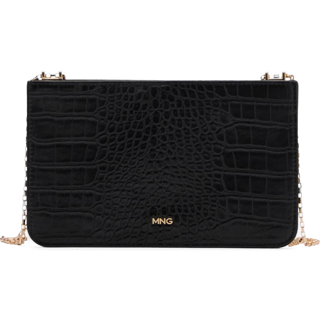 Mango Croc Embossed Faux Leather Wallet On A Chain In Black