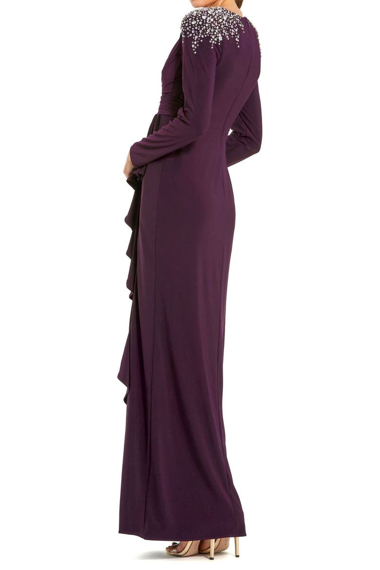 Long Sleeve Gown with Cascading Ruffle & Rhinestone Shoulders, Alternate, color, Amethyst